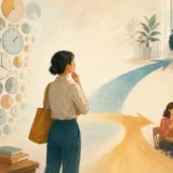 多くの時計を前に英語学習の異なる目標への道を考える学習者