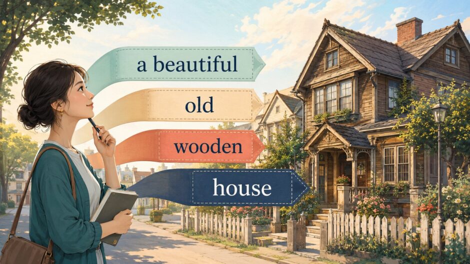 a beautiful old wooden houseの語順を、家と形容詞の層で理解する大人の英語学習者