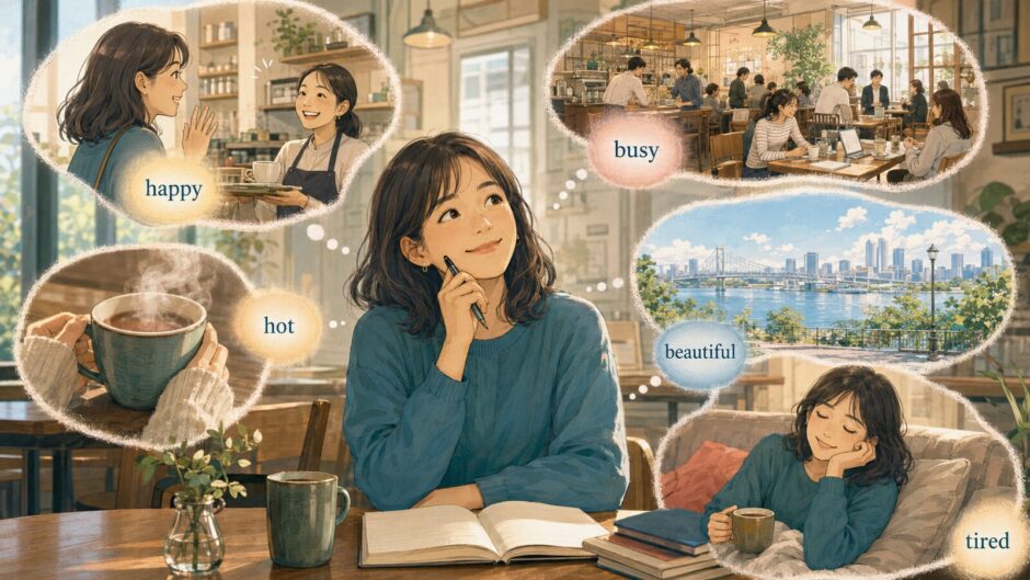 happy、busy、hot、beautiful、tiredなどの形容詞で日常の人や物、気持ちを表現する大人の英語学習者