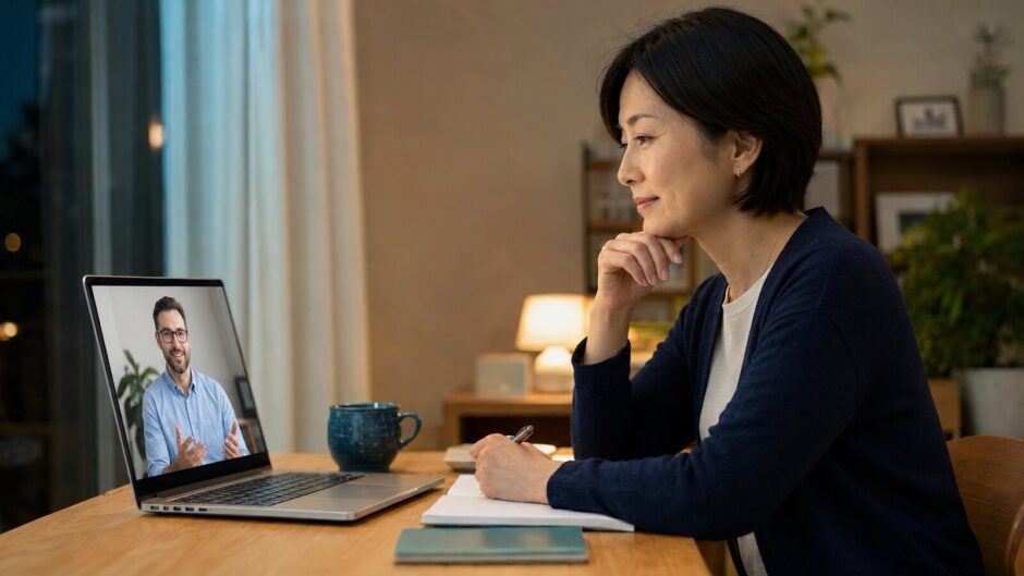 英語コーチとの相性についてオンライン面談で考える大人の女性