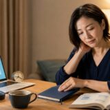 英語コーチングの学習がきつくなり教材を閉じて休む大人の女性