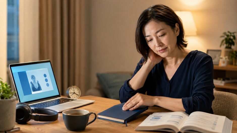 英語コーチングの学習がきつくなり教材を閉じて休む大人の女性