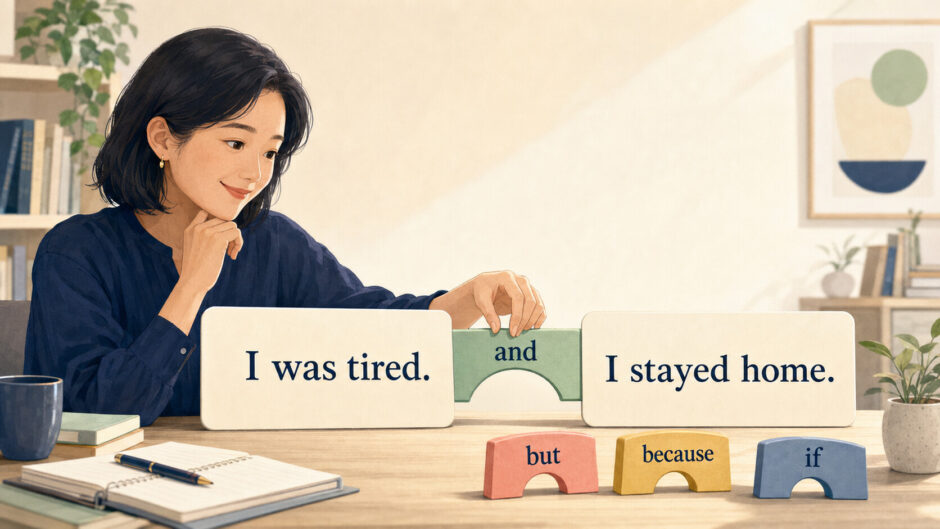二つの英文カードをand・but・because・ifの接続詞でつなぐ英語学習者