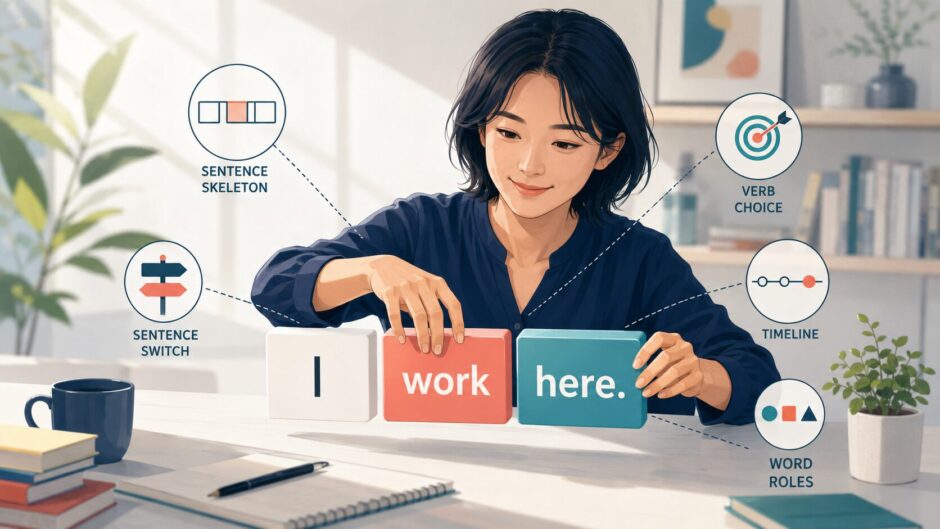 英単語ブロックを並べて短い英文を作る大人の英語学習者