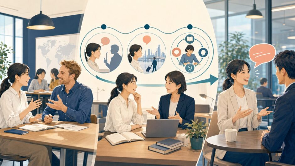 英会話スクールで学んだ内容を予習・実践・復習・再利用へつなげる学習者