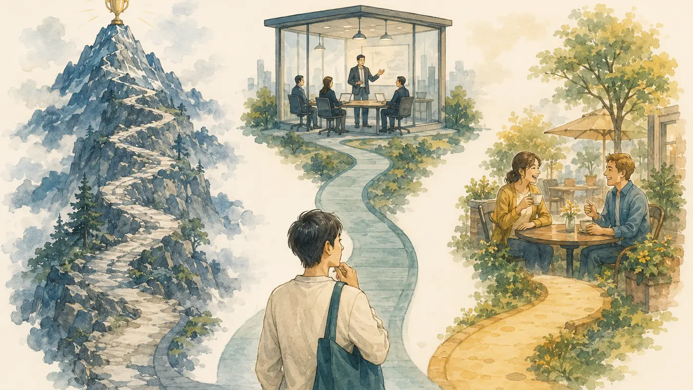 英語学習の目標によって必要な道のりが異なることを示すイラスト