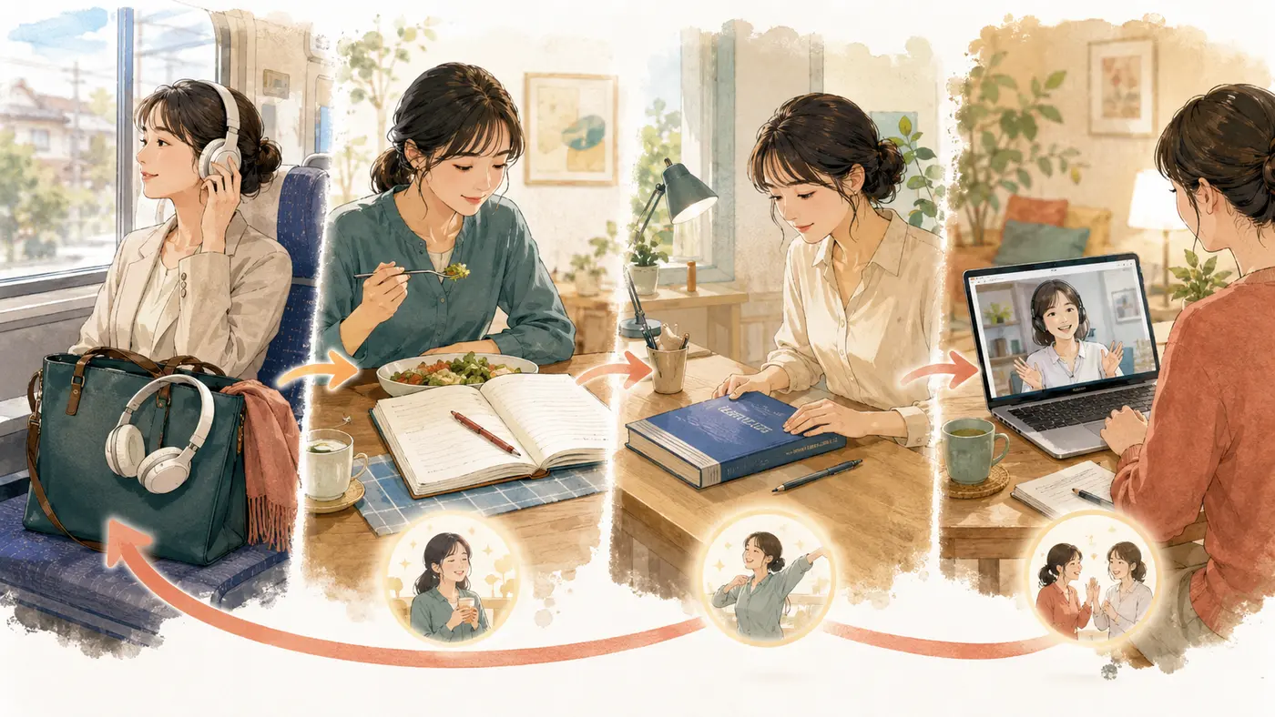 通勤・昼食・机・オンライン会話を手がかりに英語学習が続く環境を示すイラスト