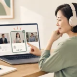 英語聞き流し用のYouTube動画を選びヘッドホンで学習する大人女性