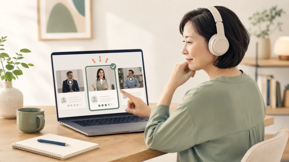 英語聞き流し用のYouTube動画を選びヘッドホンで学習する大人女性