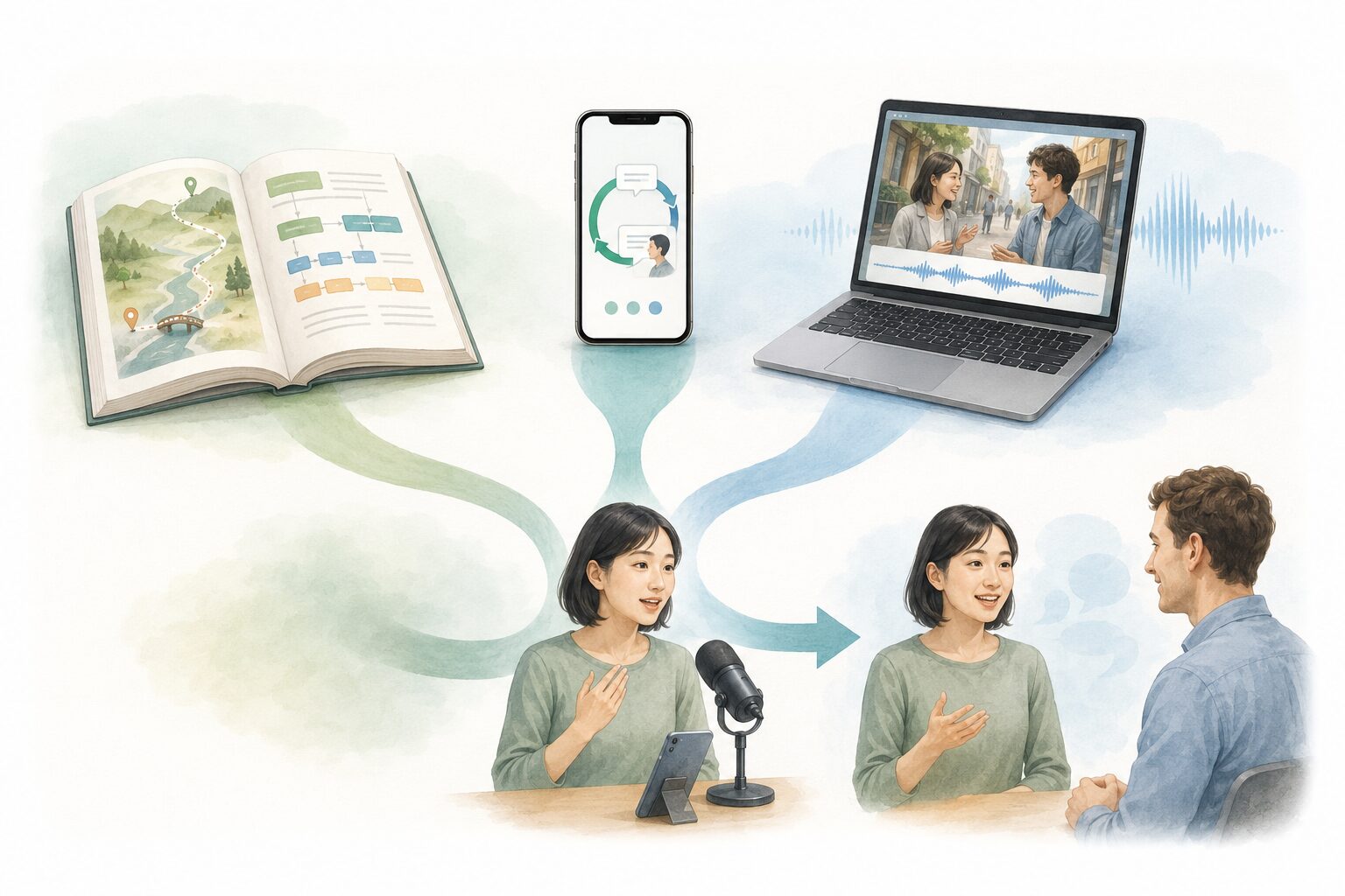 本とアプリと動画から録音練習と実際の英会話へつながる学習の流れ