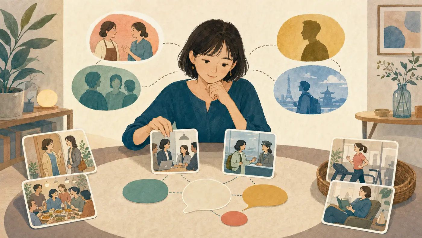 仕事や旅行など実際の場面から必要な英語を選ぶ学習者