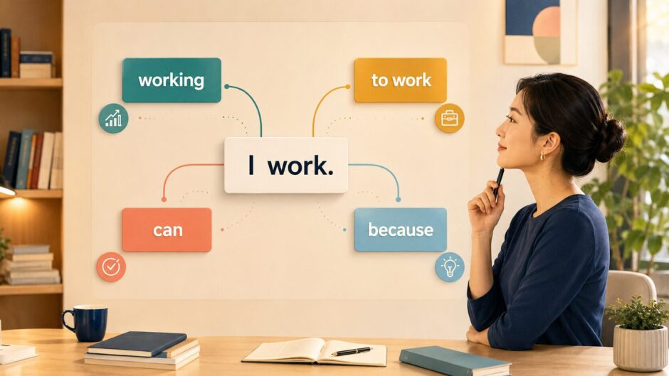 I workからworking・can・to work・becauseへ英文を広げる大人の英語学習者