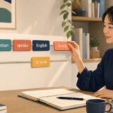 英単語ブロックを文の置き場所に並べる大人の英語学習者