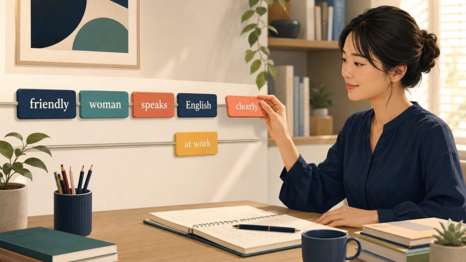 英単語ブロックを文の置き場所に並べる大人の英語学習者