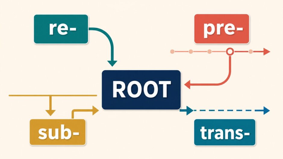 英語の接頭辞を語根につく方向の矢印として表した図解