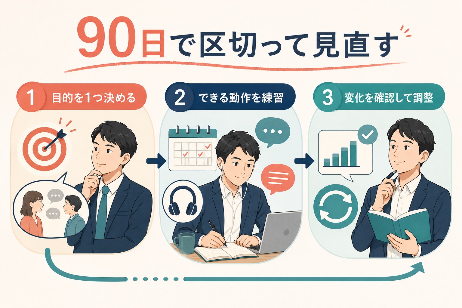 英語学習を90日で区切り、目的設定・練習・見直しを行う3ステップ