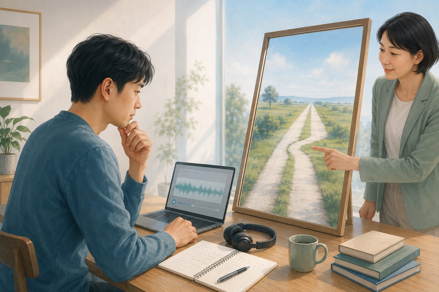 録音で英語を独学する学習者と鏡に映った学習経路のズレを示すコーチ