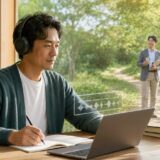 一人で英語を学びながら必要な場面でコーチの確認を受ける学習者