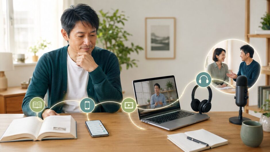 本・学習アプリ・動画を組み合わせて英語の発話練習へつなげる学習者