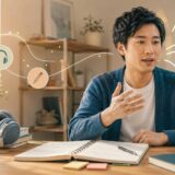 教材で学んだ英語をスマートフォンへ話して録音する社会人の独学者