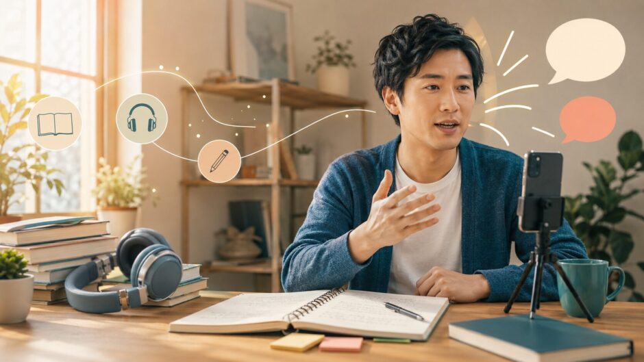 教材で学んだ英語をスマートフォンへ話して録音する社会人の独学者