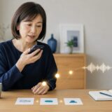 スマートフォンに英語を話しながら3段階の練習に取り組む社会人女性