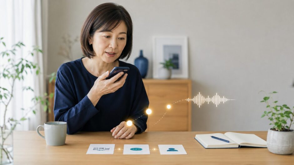 スマートフォンに英語を話しながら3段階の練習に取り組む社会人女性