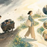 意志力で重い教材を運ぶ学習から日常の流れに英語を組み込む学習へ移るイラスト