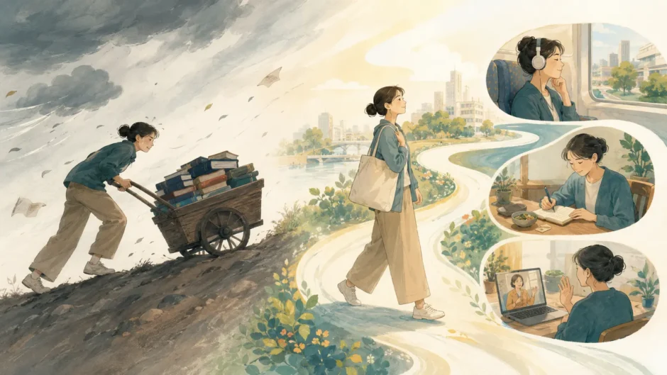 意志力で重い教材を運ぶ学習から日常の流れに英語を組み込む学習へ移るイラスト