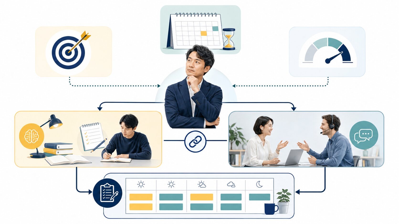 目的と期限と現在地からTOEIC学習と英会話練習の配分を決める図