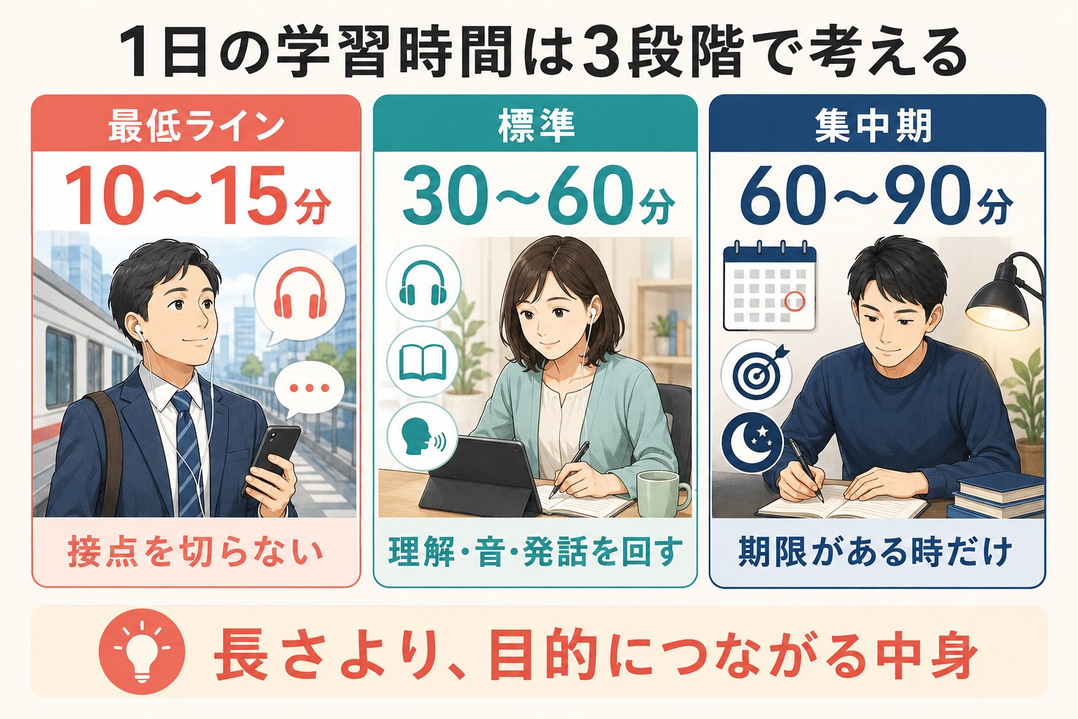忙しい社会人の英語学習時間を最低ライン・標準・集中期の3段階で示した図