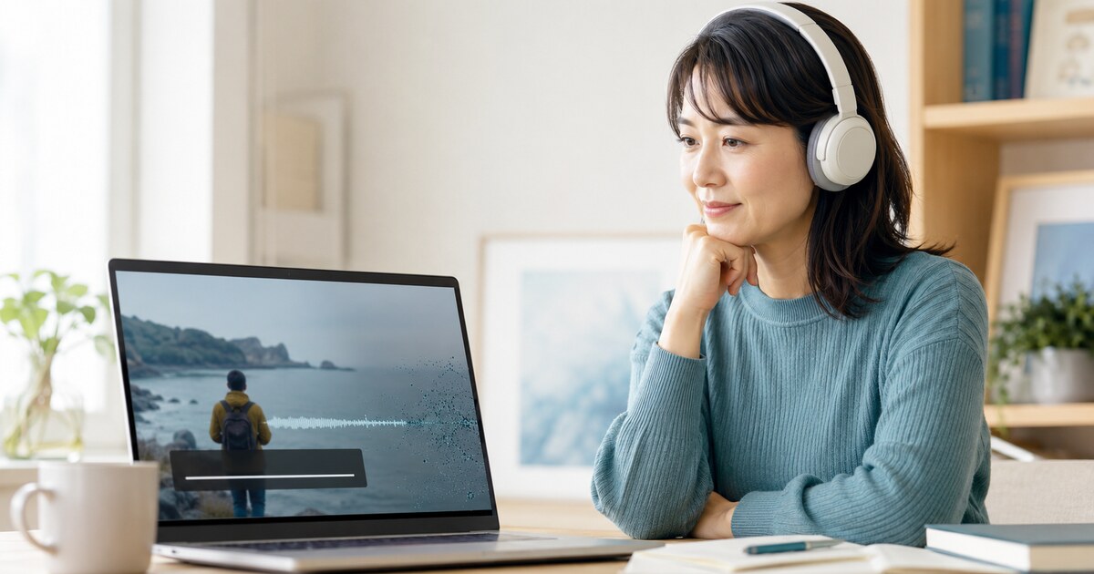 英語字幕を使いながらリスニング学習をする女性