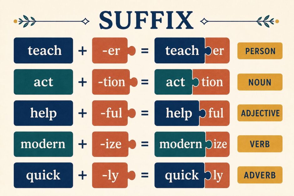 英語の接尾辞が単語の末尾につき品詞を作る仕組みを示した図