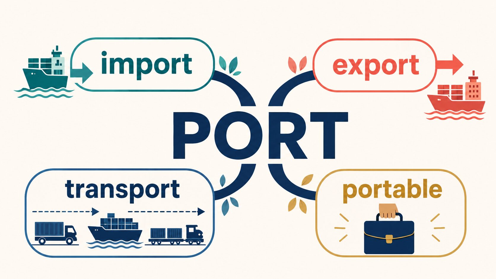 語根portからimport・export・transport・portableがつながる英単語の語源図解