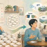 大量の英単語カードを数える学習から、少数の基本語を実際の会話で使う学習へ進む大人の英語学習者