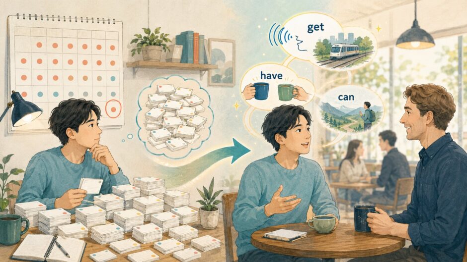 大量の英単語カードを数える学習から、少数の基本語を実際の会話で使う学習へ進む大人の英語学習者