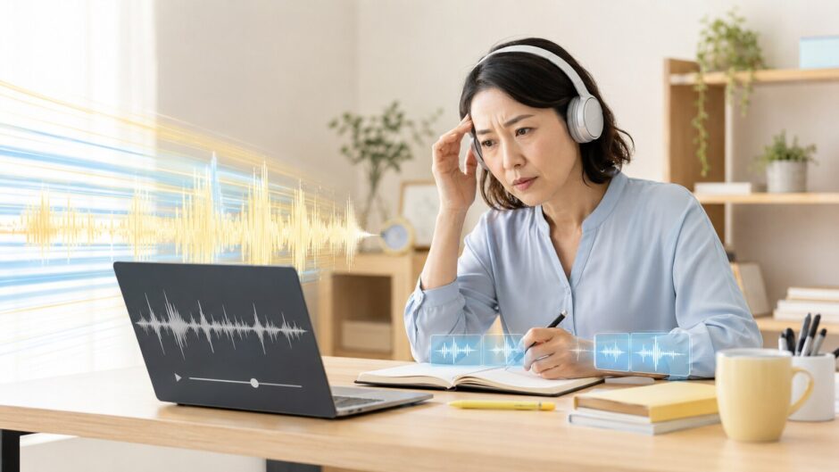 英語が速くて聞き取れず再生速度を確認する学習者