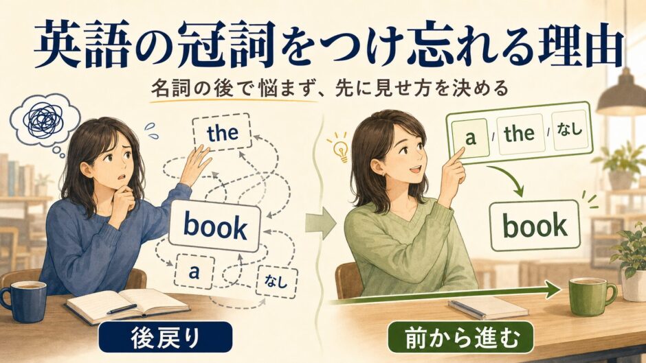名詞の後から冠詞を考えて後戻りする方法と、先に見せ方を決めて前から進む方法の比較イラスト