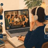 シットコムの場面理解、英語字幕確認、発話、再視聴で英語を学ぶ女性