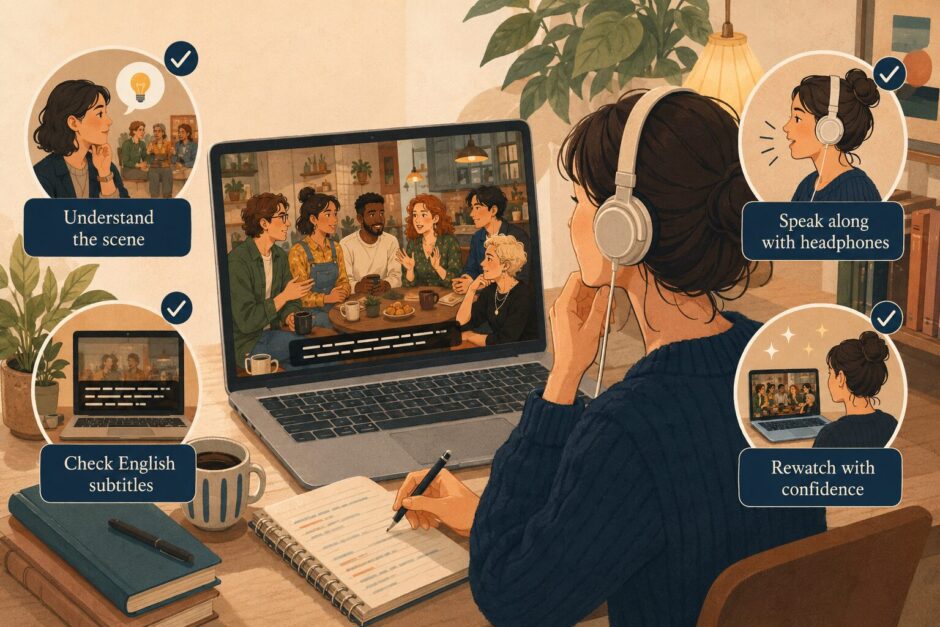 シットコムの場面理解、英語字幕確認、発話、再視聴で英語を学ぶ女性