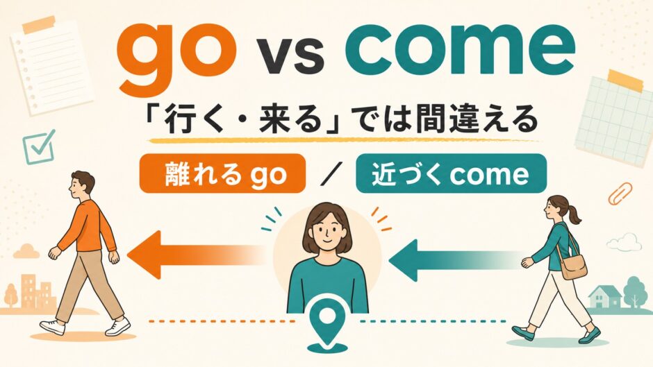 goは会話の中心から離れ、comeは会話の中心へ近づく違いを表したイラスト