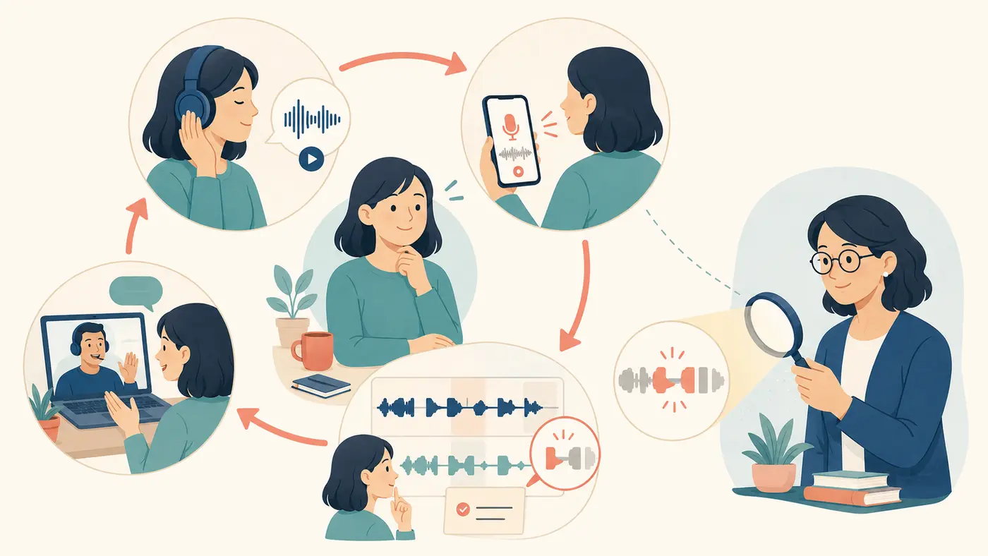 聞く、録音する、比較する、会話で試す発音独学のサイクル