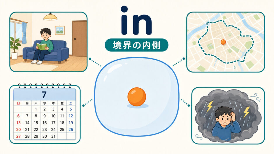 前置詞inのコアイメージ「境界の内側」を、部屋・都市・時間・状態の例で示した図解