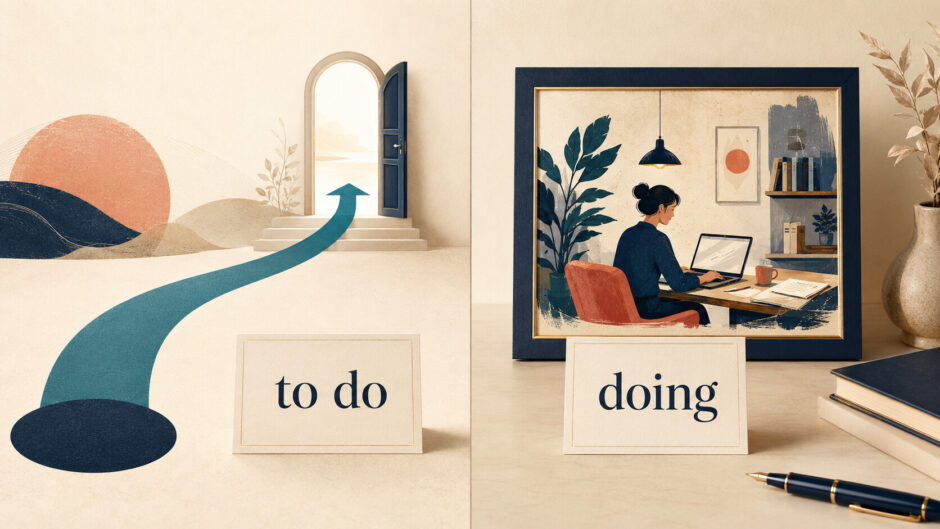 to doが未来の行為へ向かいdoingが活動を一つの場面として置く違いを表したイラスト