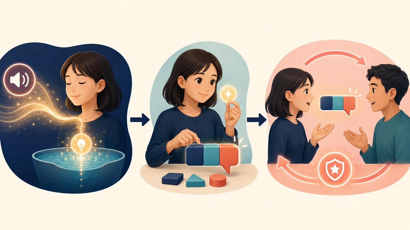 聞いた英語を取り出し、自分用に組み替え、会話で再利用する3段階の図解