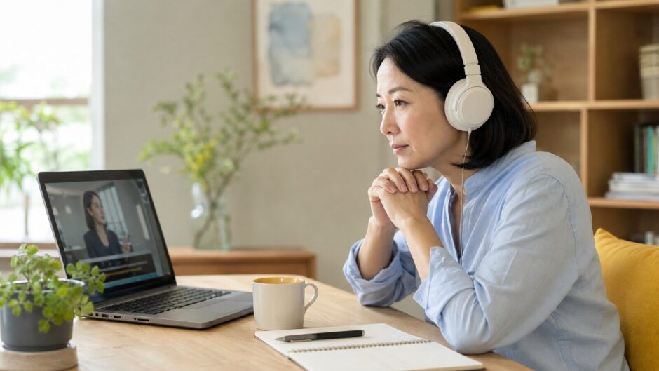 ヘッドホンを着けて英語動画を静かに聴く意図的清聴中の社会人女性