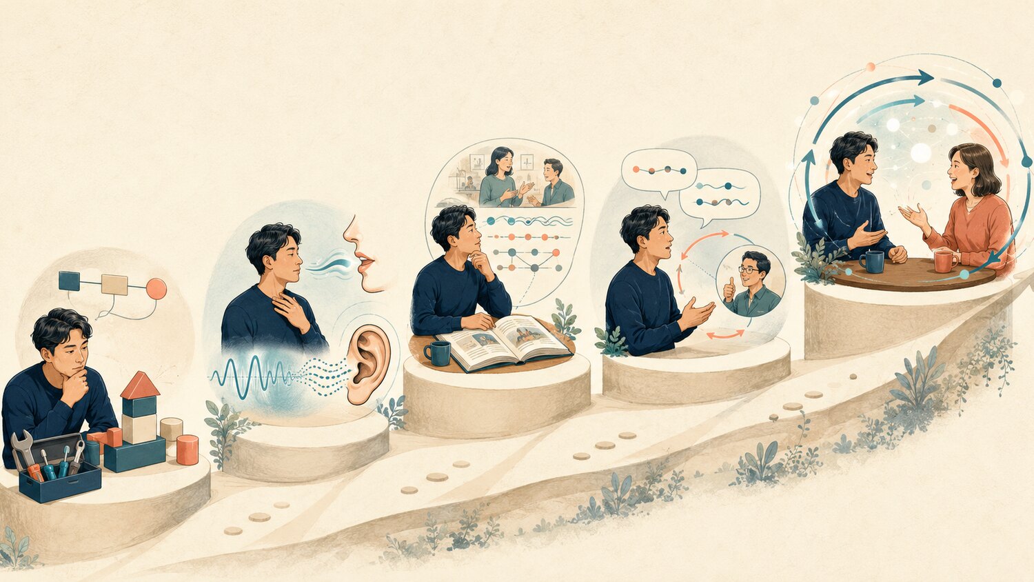 日本語母語の成人が英語を話すための5段階の学習順序を表すイラスト