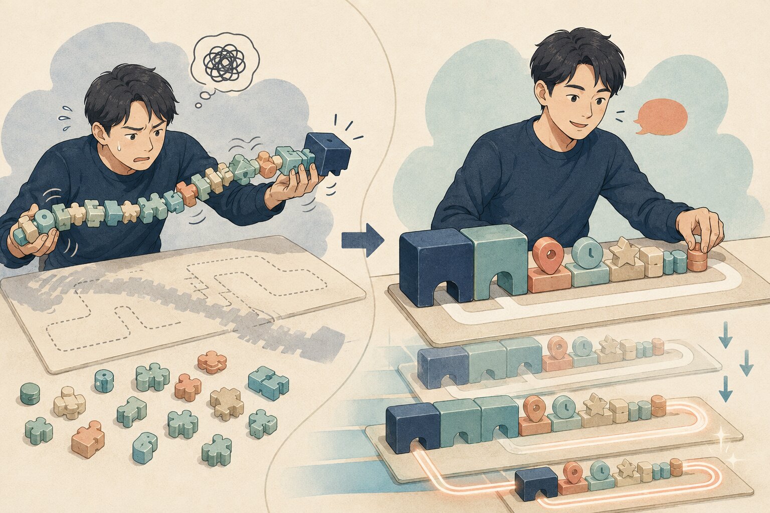 日本語で完成した文を英訳する処理と、主語・動詞から英語を前へ組み立てる処理の違い