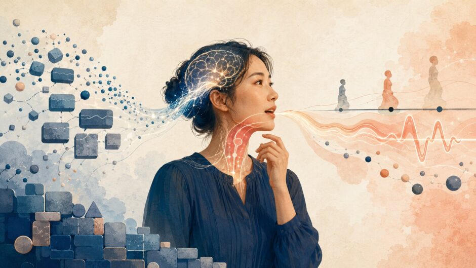 日本語の処理から英語の語順と発声へ橋をかける成人学習者のイラスト