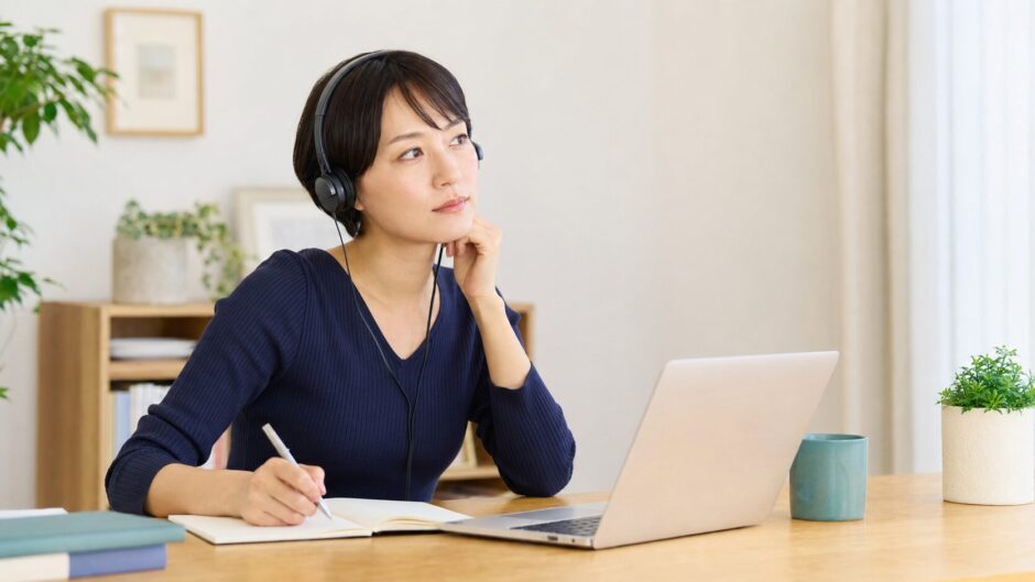 英語のリスニング学習中に一瞬意識がそれた女性
